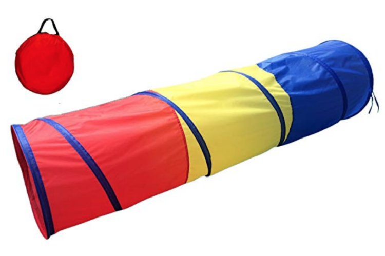 Red, yellow, blue foldable fabric tunnel.