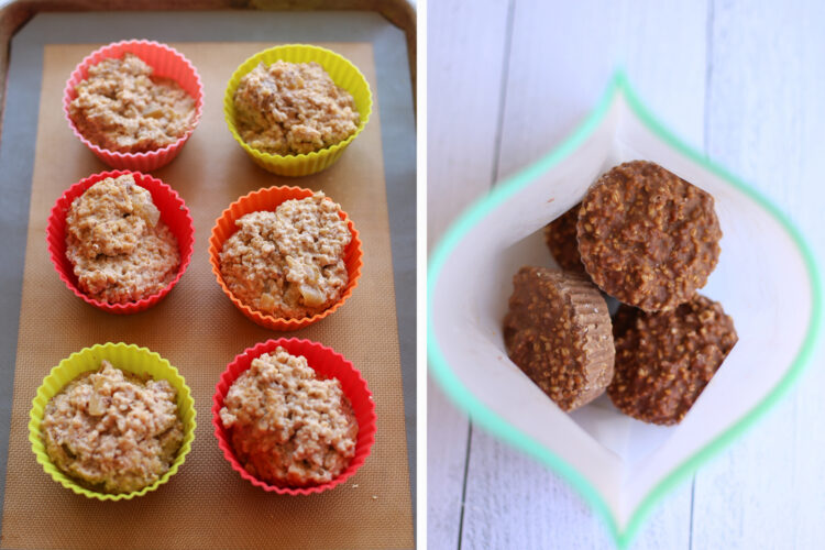 Two pictures: first is steel cut oats baked in silicone muffin liners; second is of the 'muffins' in a freezer bag.