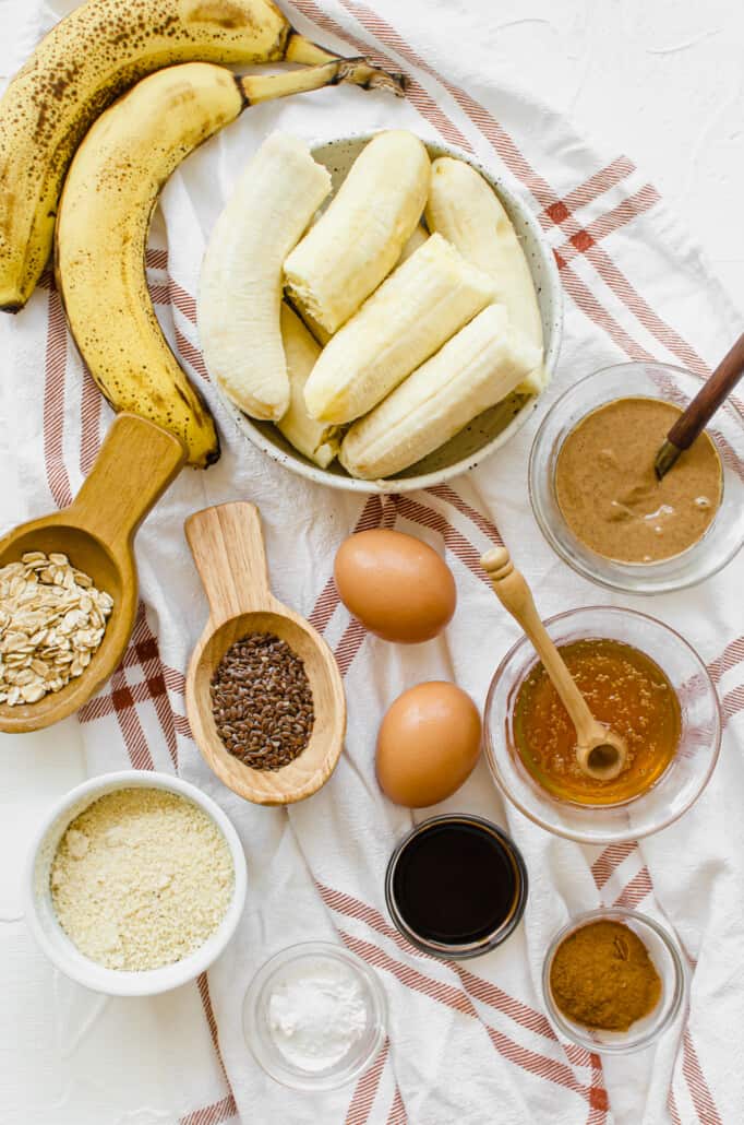 overhead shot of ingredients for gluten free banana muffins