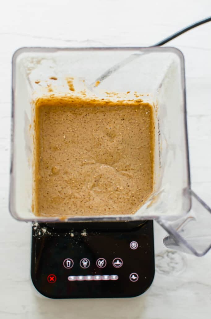 overhead shot of muffin batter in a blender