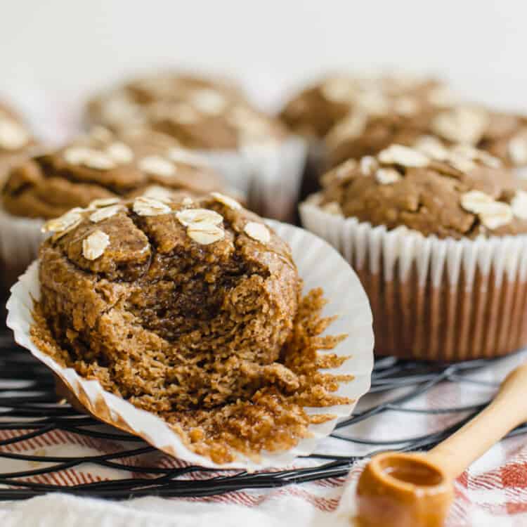 close up shot of banana muffin with a bite taken out of it