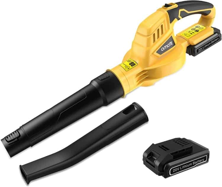 Battery operated leaf blower in black and yellow.