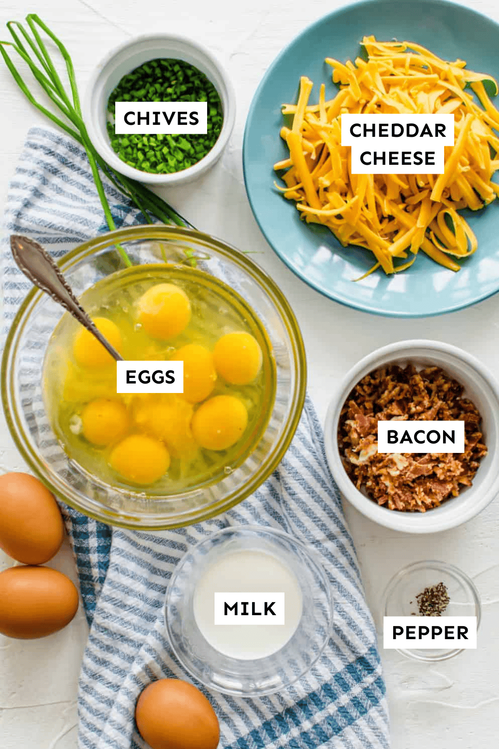 Cheddar chive egg bite ingredients measured out and labeled.