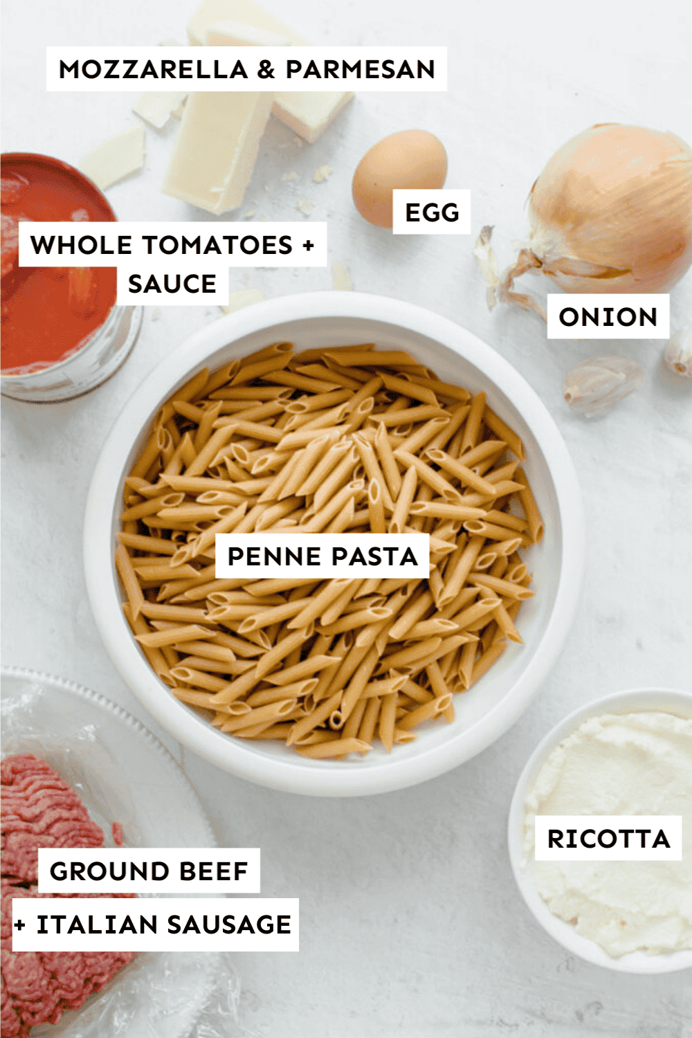 Ingredients for hearty baked penne pasta.