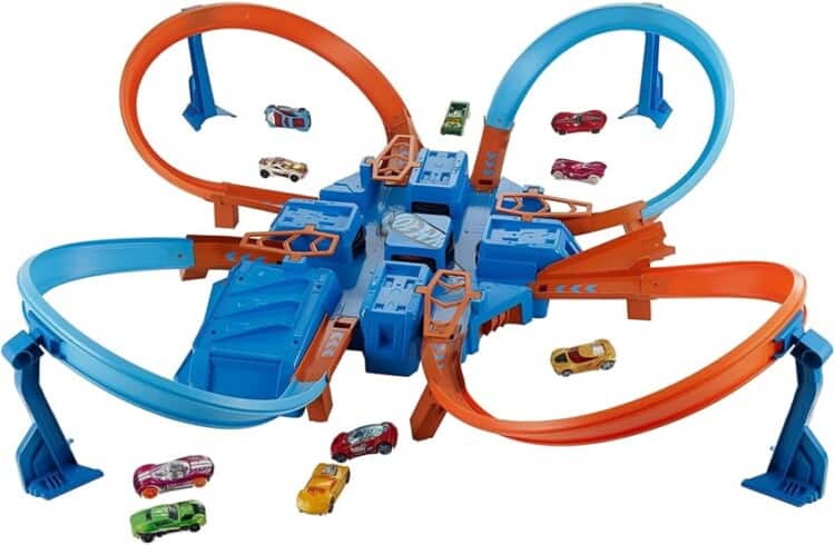 Stock photo of Hot Wheels Criss Cross Crash with several Hot Wheels cars around it.