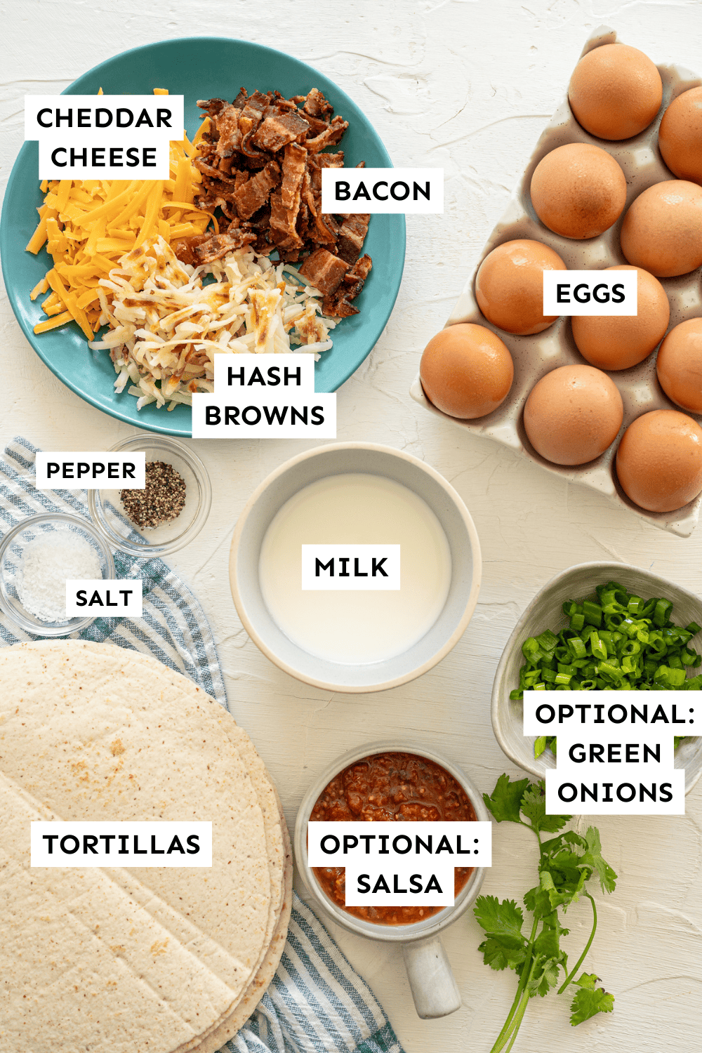 Ingredients to make frozen breakfast burritos.