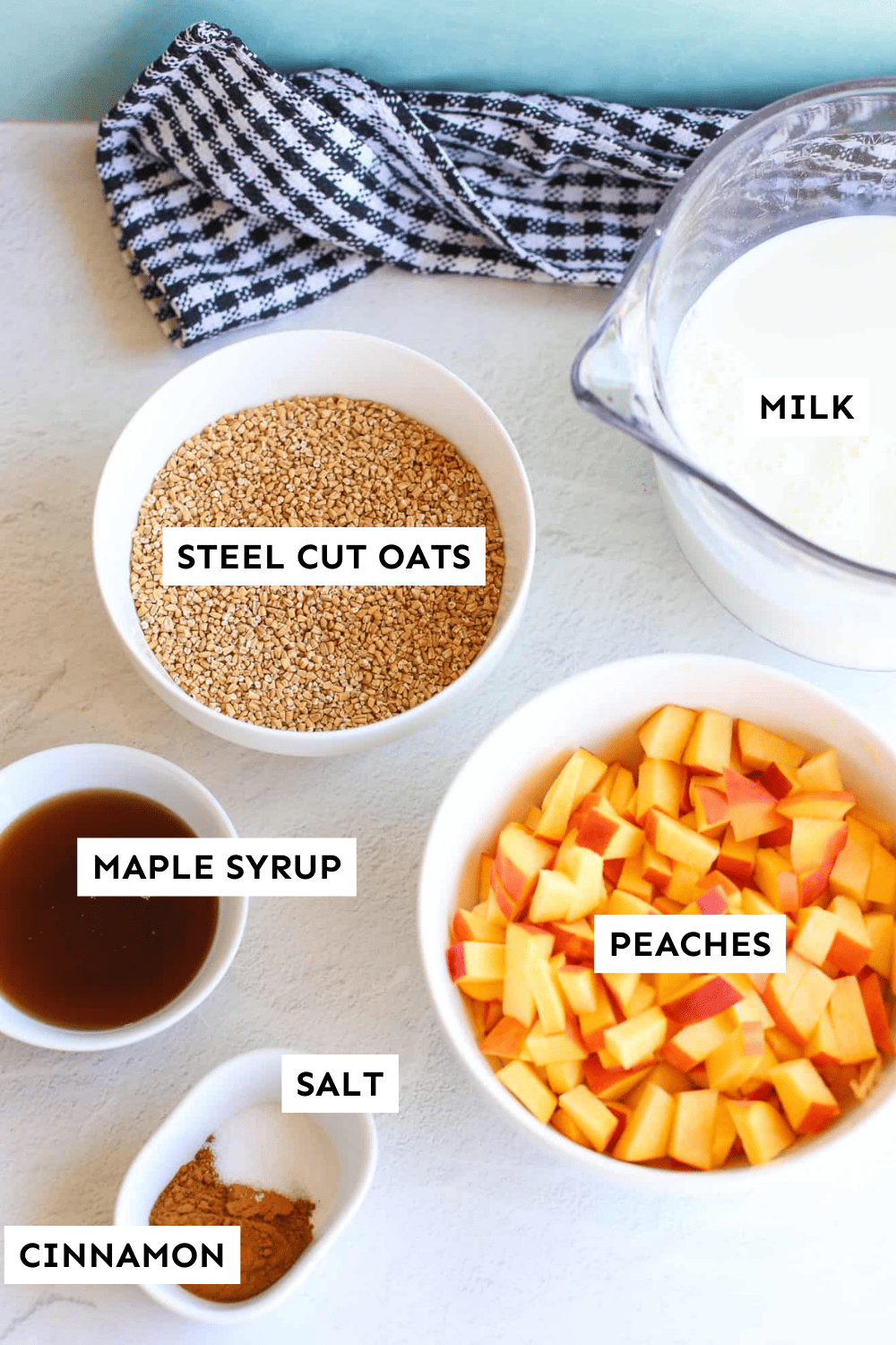 Labeled ingredients for peaches and cream steel cut oatmeal. 
