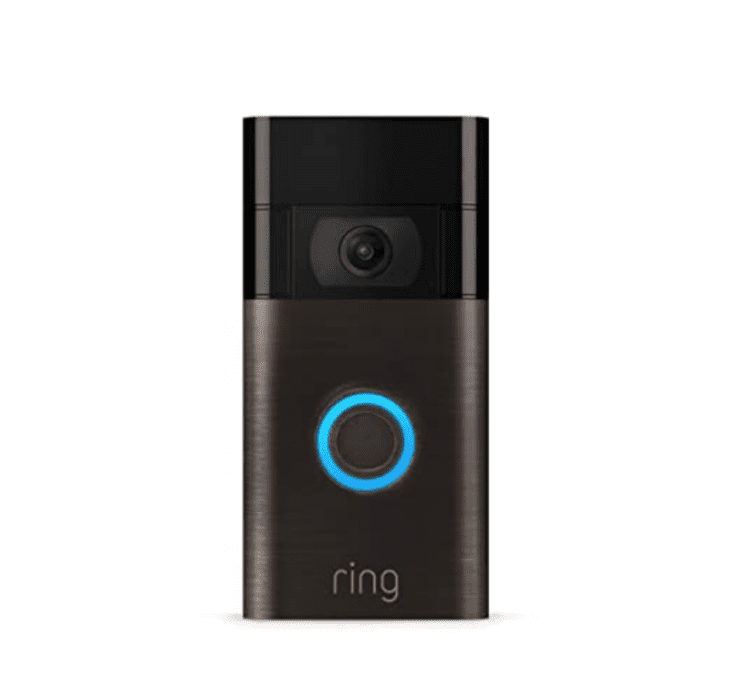 A black Ring doorbell with the circle lit up blue.