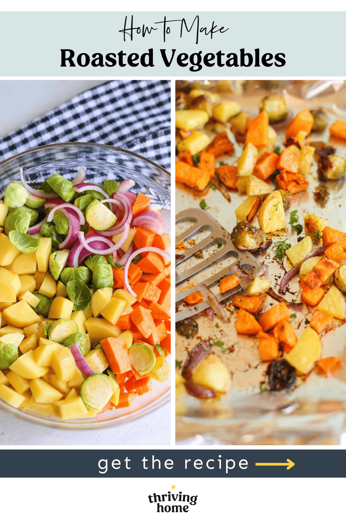 Side by side photos of raw chopped veggies and then roasted veggies.