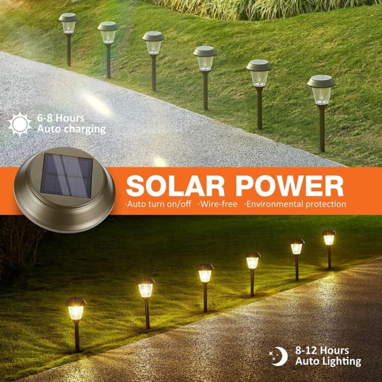 Solar walkway lights lining a driveway with the top half of the photo showing them during the day and the bottom half showing them lit up at night.