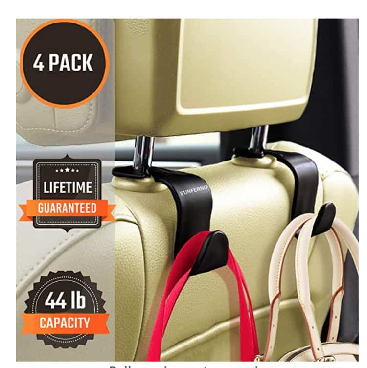 Sunferno Car Headrest Hooks 4 Pack - Stylish Back Seat Hanger for Your  Purse, Grocery Bags, Handbag to Keep Them from Sliding Around While Driving  