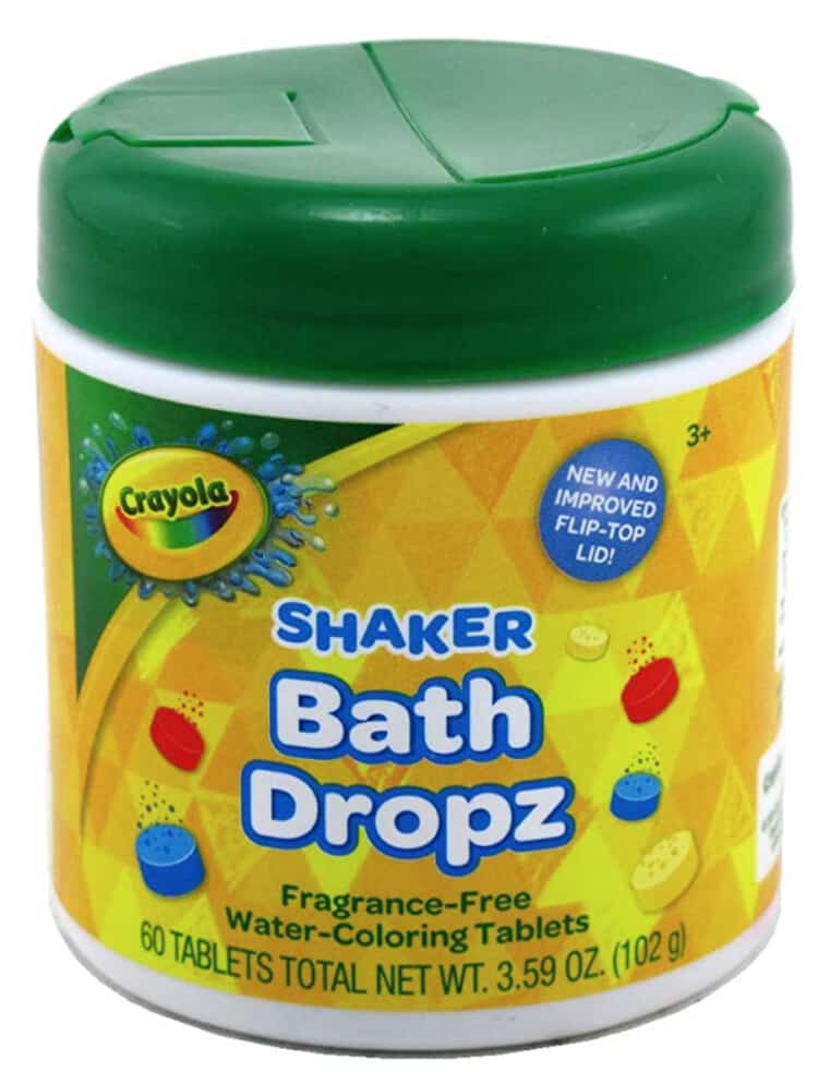 Crayola Bath Dropz in its reusable plastic container.
