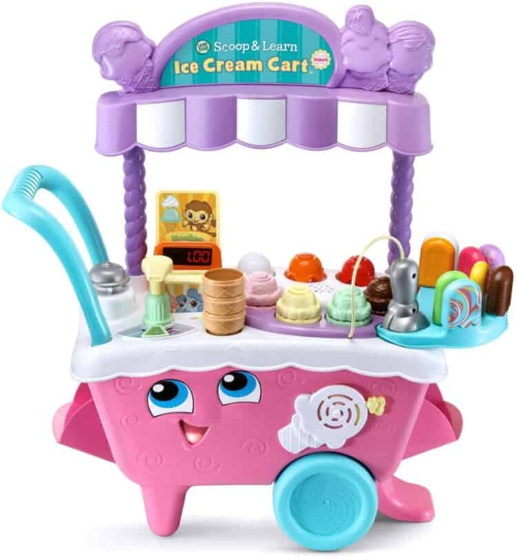 Leapfrog Scoop & Learn Ice Cream Cart - a pink, purple, and blue pushable cart with different kinds of ice cream scoops, and cones, and more.