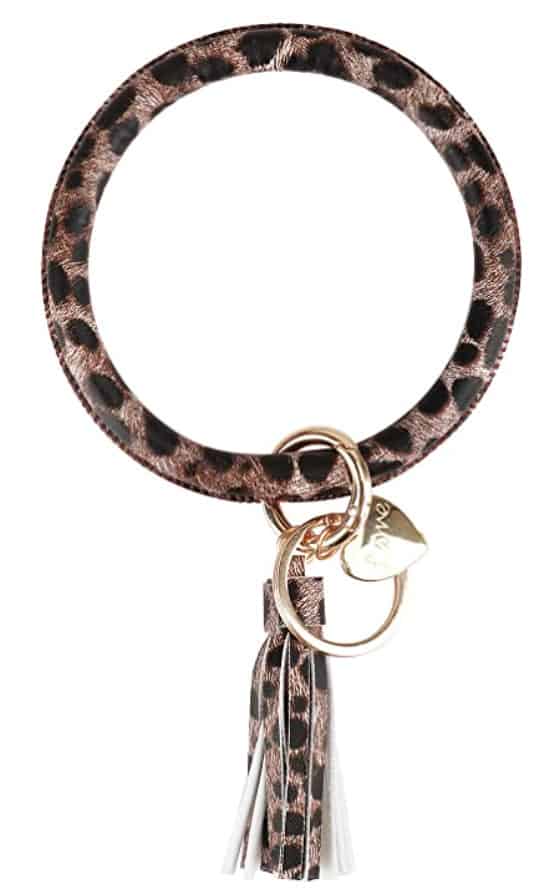 A wristlet keychain bangle in leopard print.