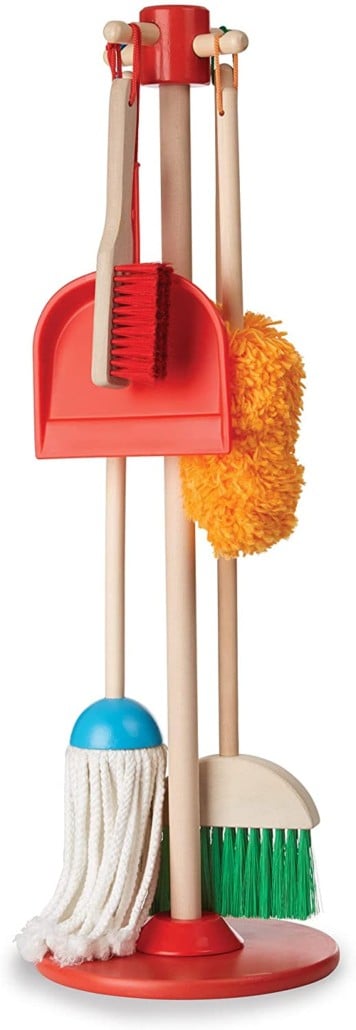 Melissa and Doug Wooden Let's Play House set that includes a broom, a mop, a duster, and a handbroom with dustpan.