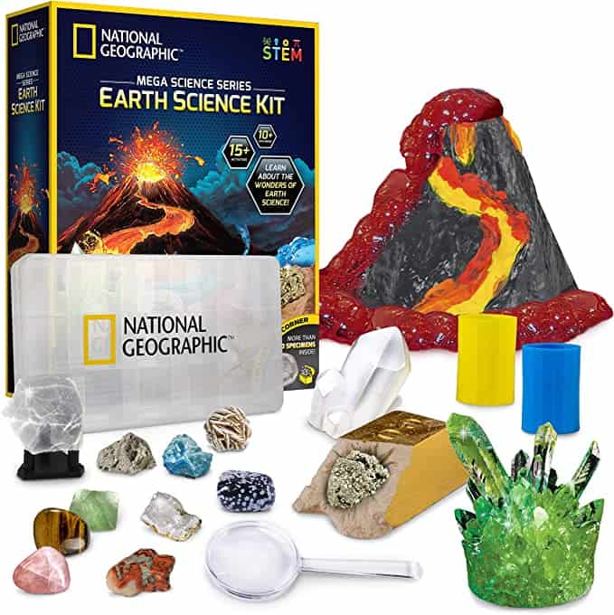 Stock photo of a box of Earth Science Kit with all the components laid out in front of it.
