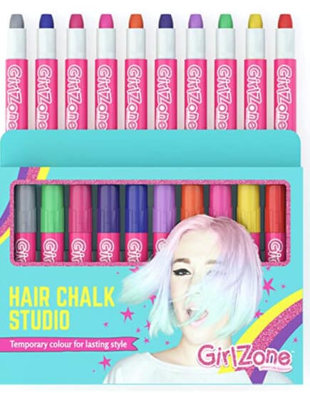 Package of kids hair chalk in a rainbow of colors.