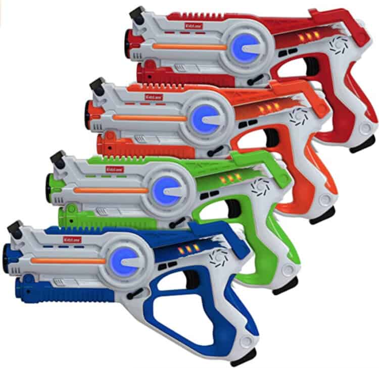 Four toy laser guns in different colors lined up.