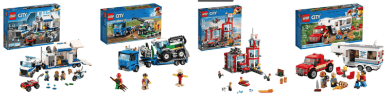 Collage of four different Lego city sets.
