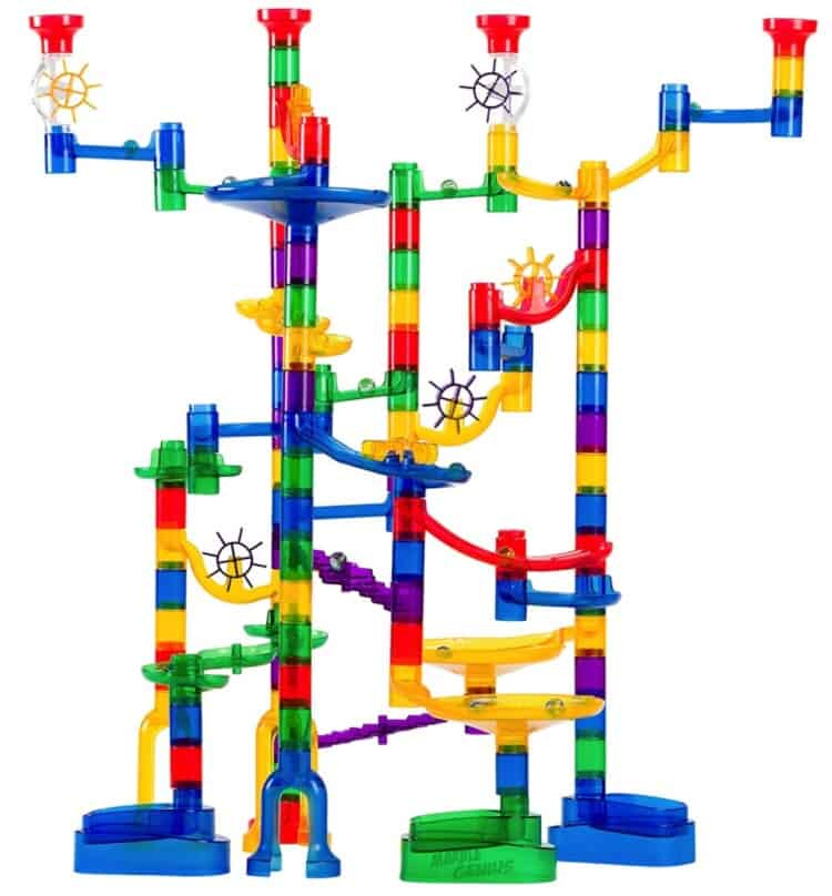 Marble run made of different color plastic pieces.