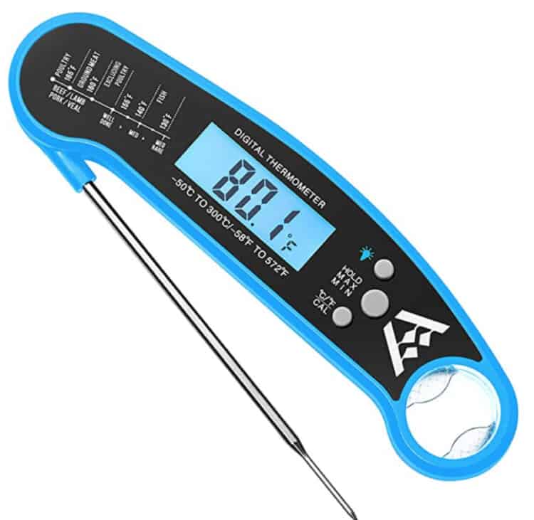 Foldable meat thermometer in blue.