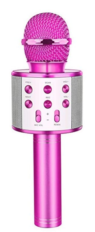 Bright pink microphone that pairs to Bluetooth.