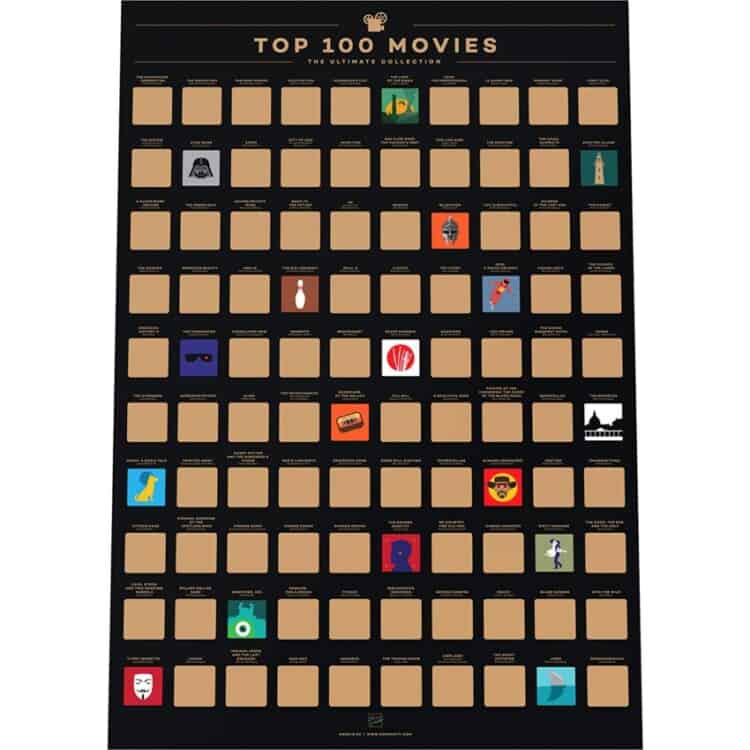 A scratch-off poster that says Top 100 Movies on the top with some rectangles scratched off and others unscratched.