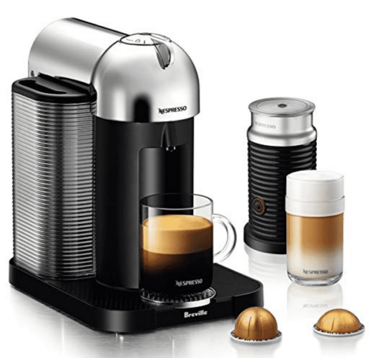 A Nespresso Vertuo Coffee and Espresso Machine with a glass coffee mug of espresso.