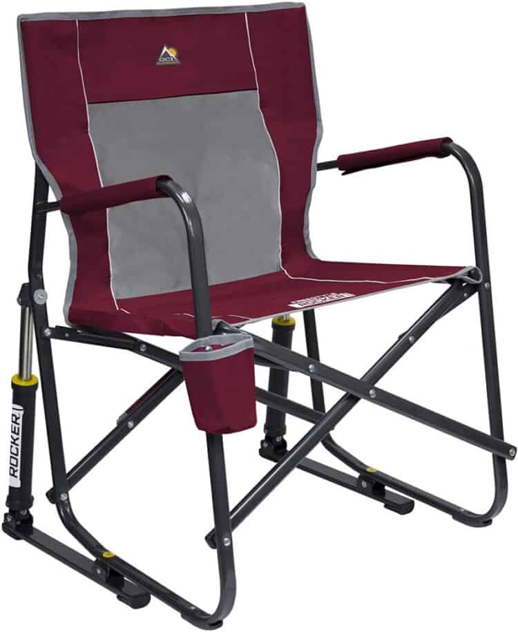 Maroon and gray folding chair that is also a rocker.