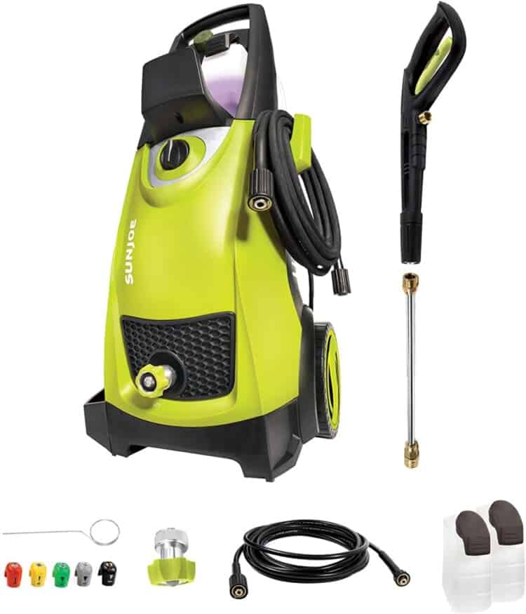 A power washer in lime green with all the pieces to it surrounding it.