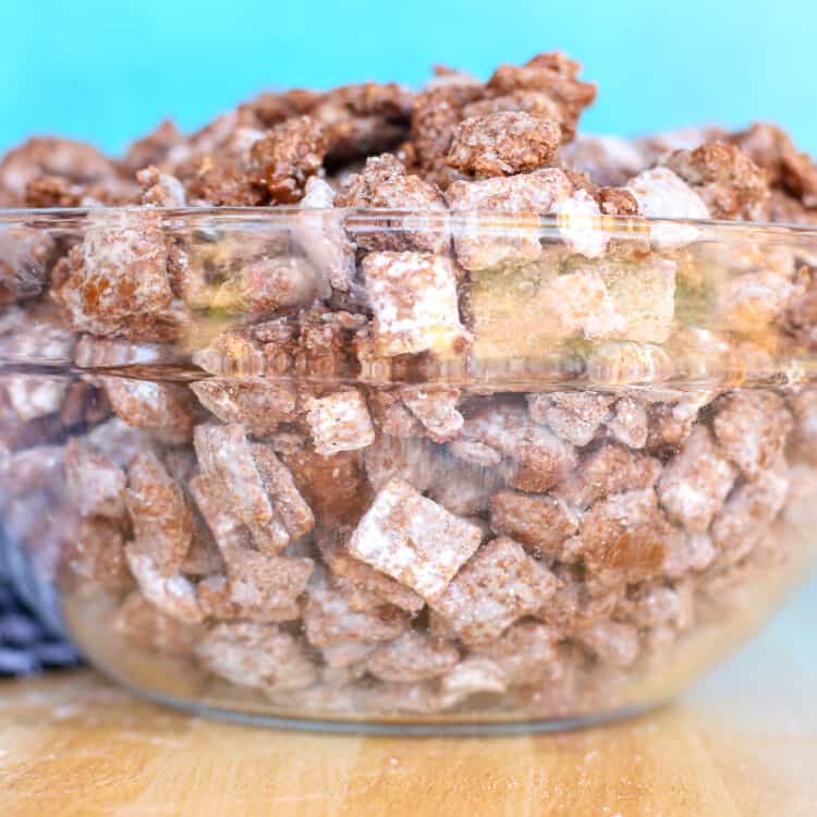 Glass bowl of puppy chow on the counter.