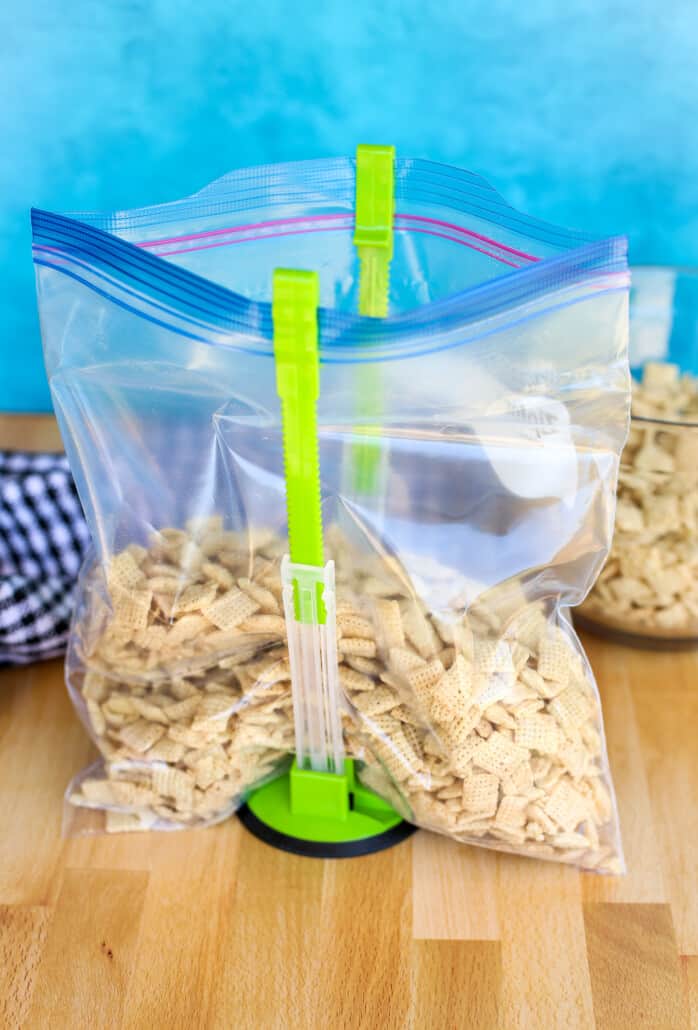 Chex in a ziplock bag in a baggy stand