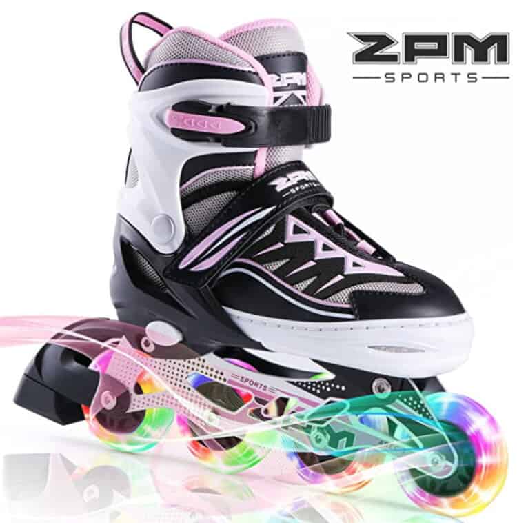 Photo of a light up rollerblade in black, pink, and white with the wheels lit up in different colors.
