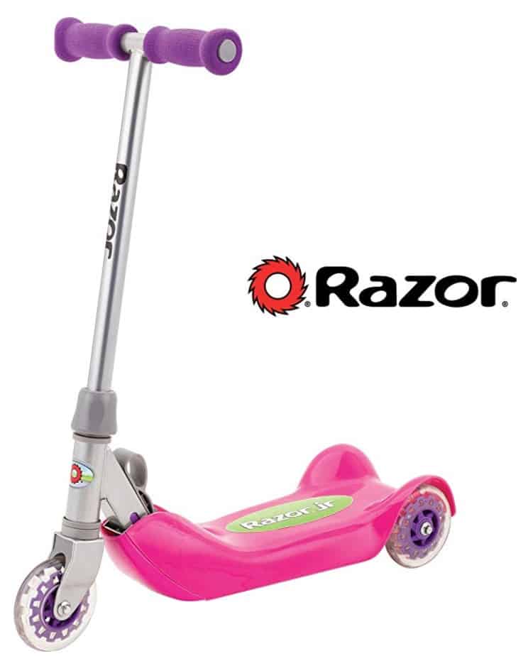 Pink, purple, and silver 3-wheel Razor scooter.