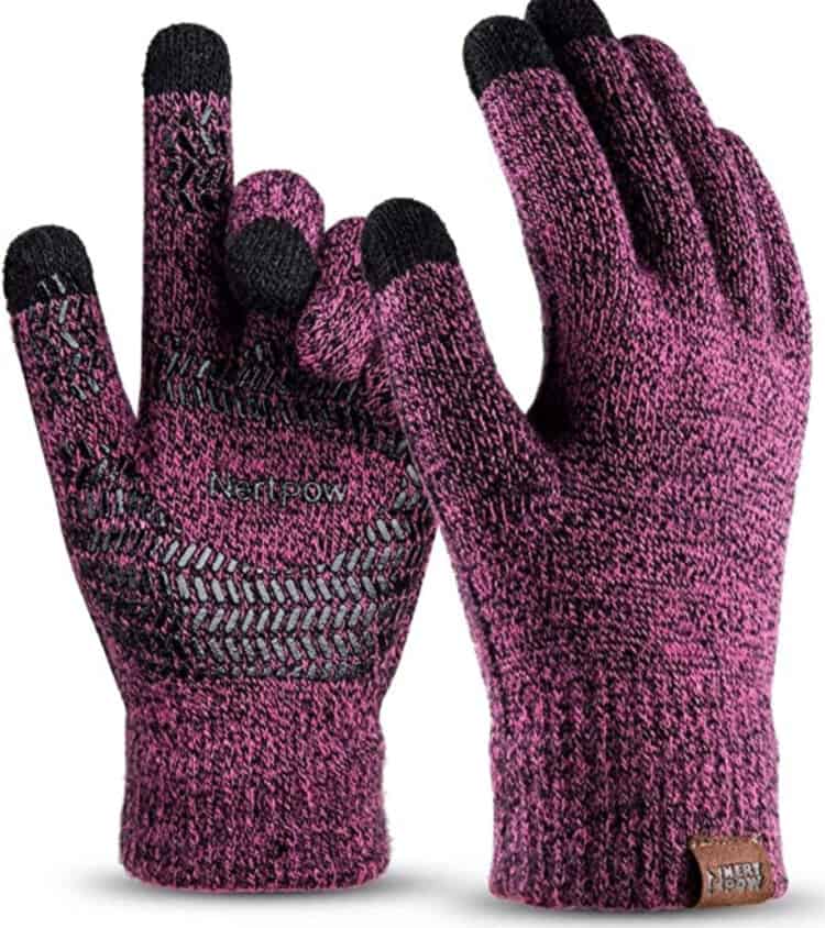 Magenta colored gloves with black fingertips.