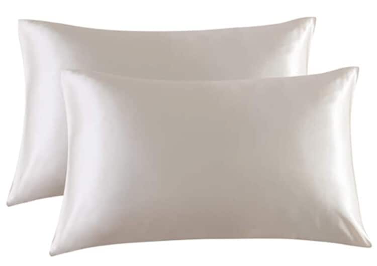 Two pillows with silk pillowcases standing upright.