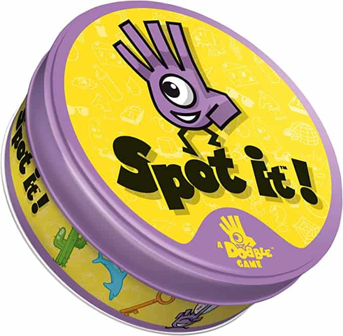 Spot-It game in a purple and yellow tin.