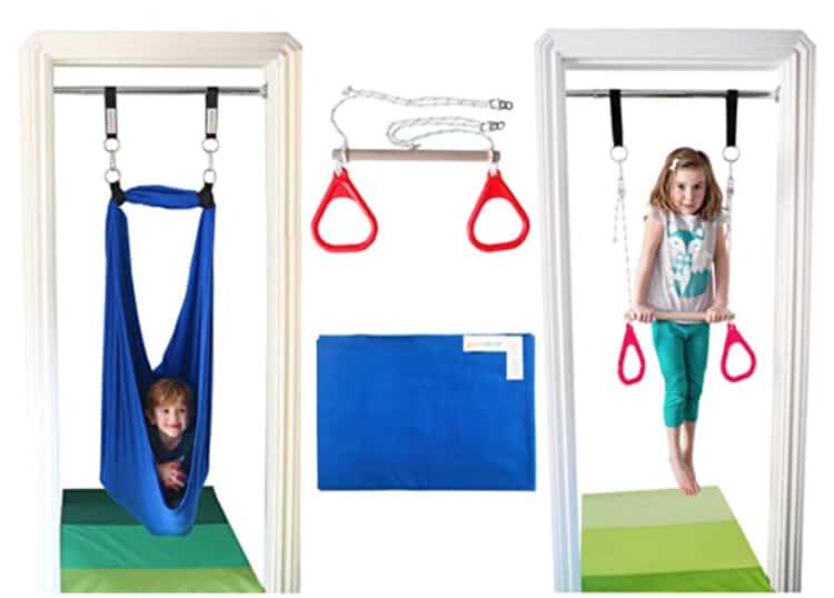 Two doorways, one with a child in a fabric sensory swing and the other with a child using the bar/ring combo toy.