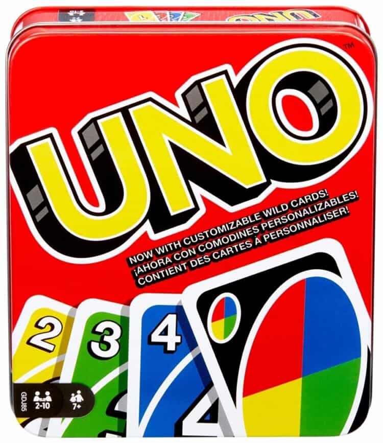 Stock photo of the classic UNO card game tin.