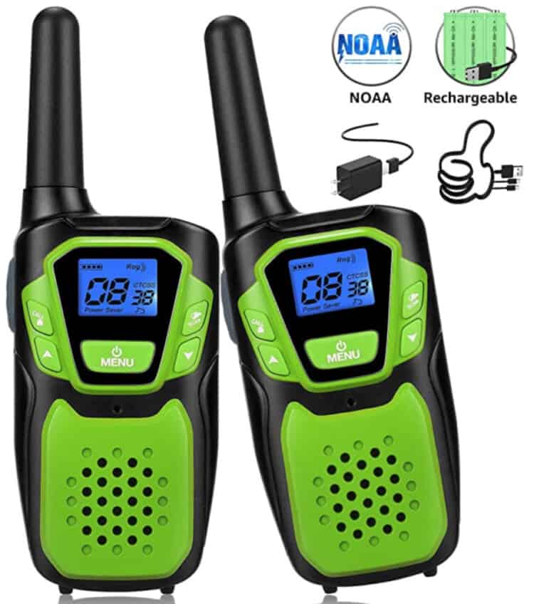 A pair of green and black walkie talkies.