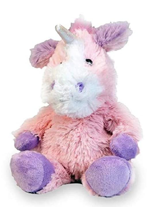 Purple, pink, and white stuffed unicorn that can be warmed in the microwave.