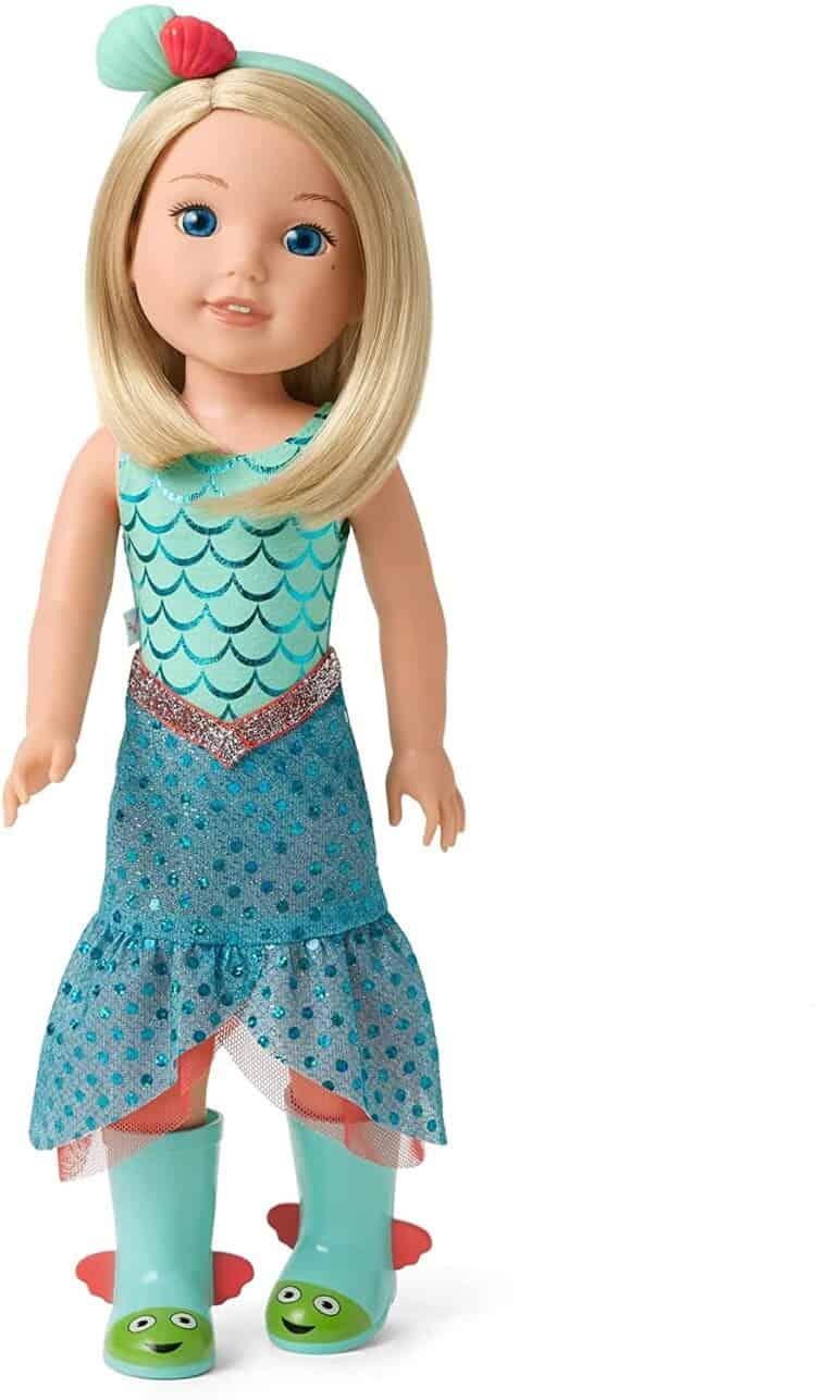 Stock photo of the American Wellie Wishers doll, Camille, dressed as a mermaid.