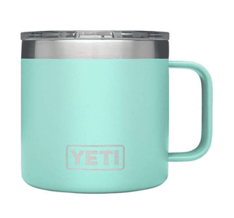 An aqua Yeti coffee mug.