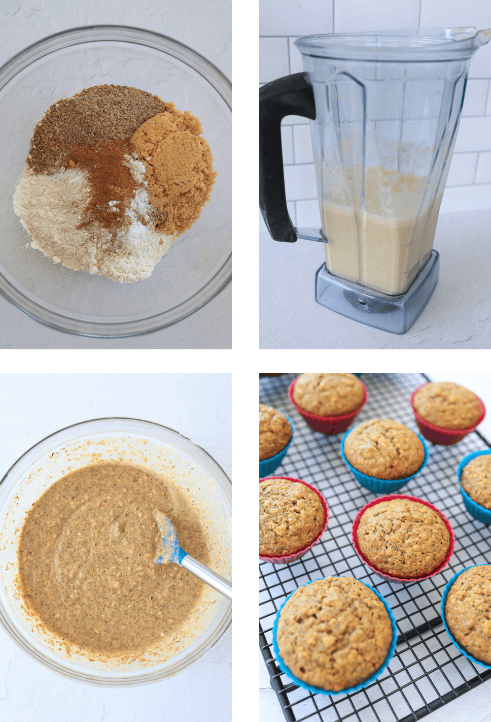Four photos-- first is dry ingredients in a mixing bowl; second is a blender with wet ingredients;  third is all of the ingredients mixed together; last is cooked muffins cooling on a baking rack.