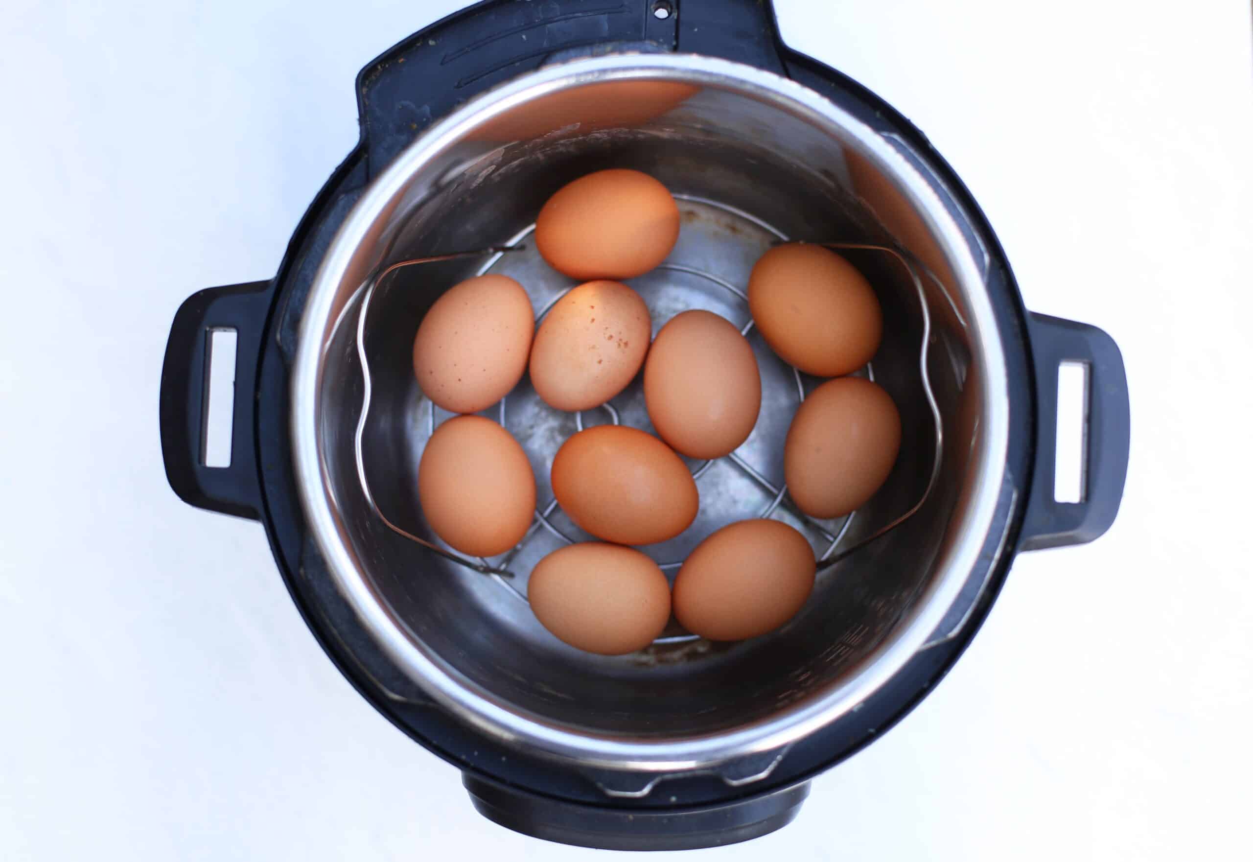 Brown eggs on a rack inside an Instant Pot.