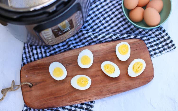 hard boiled eggs with an instant pot in the background