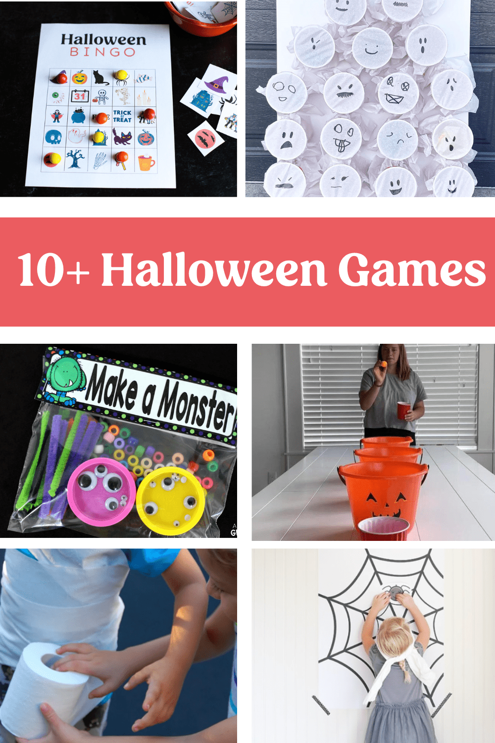Collage of various halloween games for kids. 