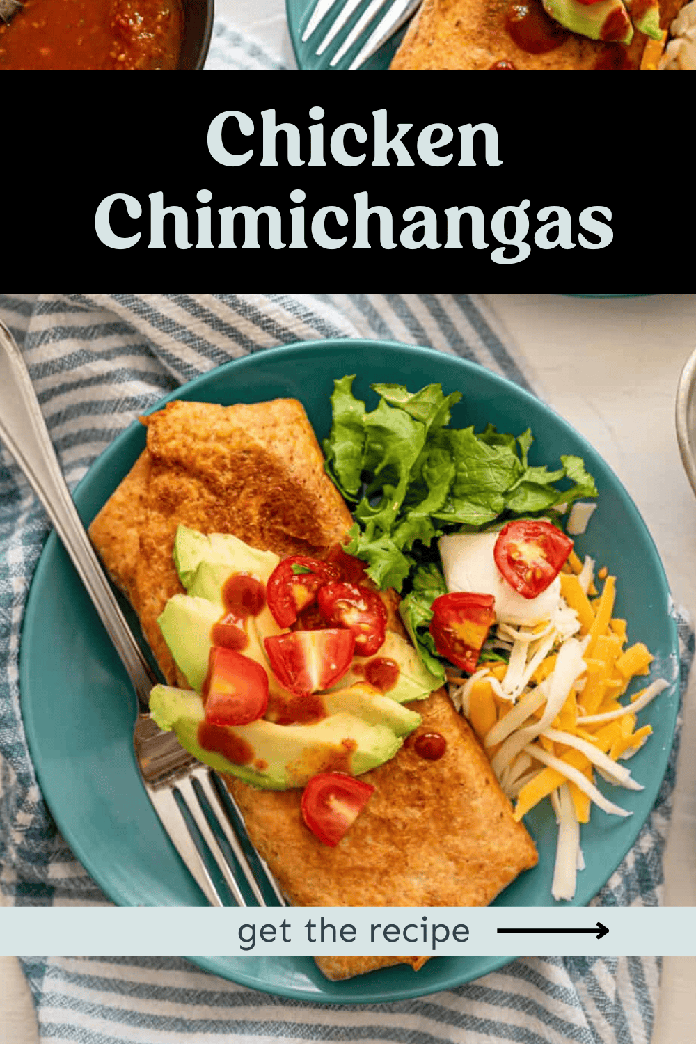 A chimichanga on a plate with avocado chunks on top.