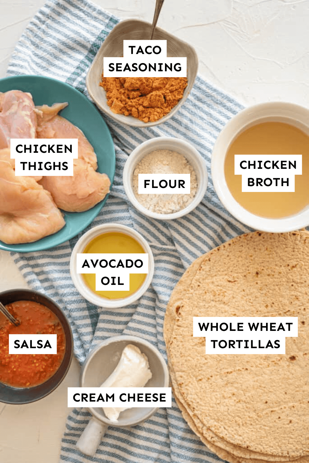 Chicken chimichanga ingredients measured out and labeled.