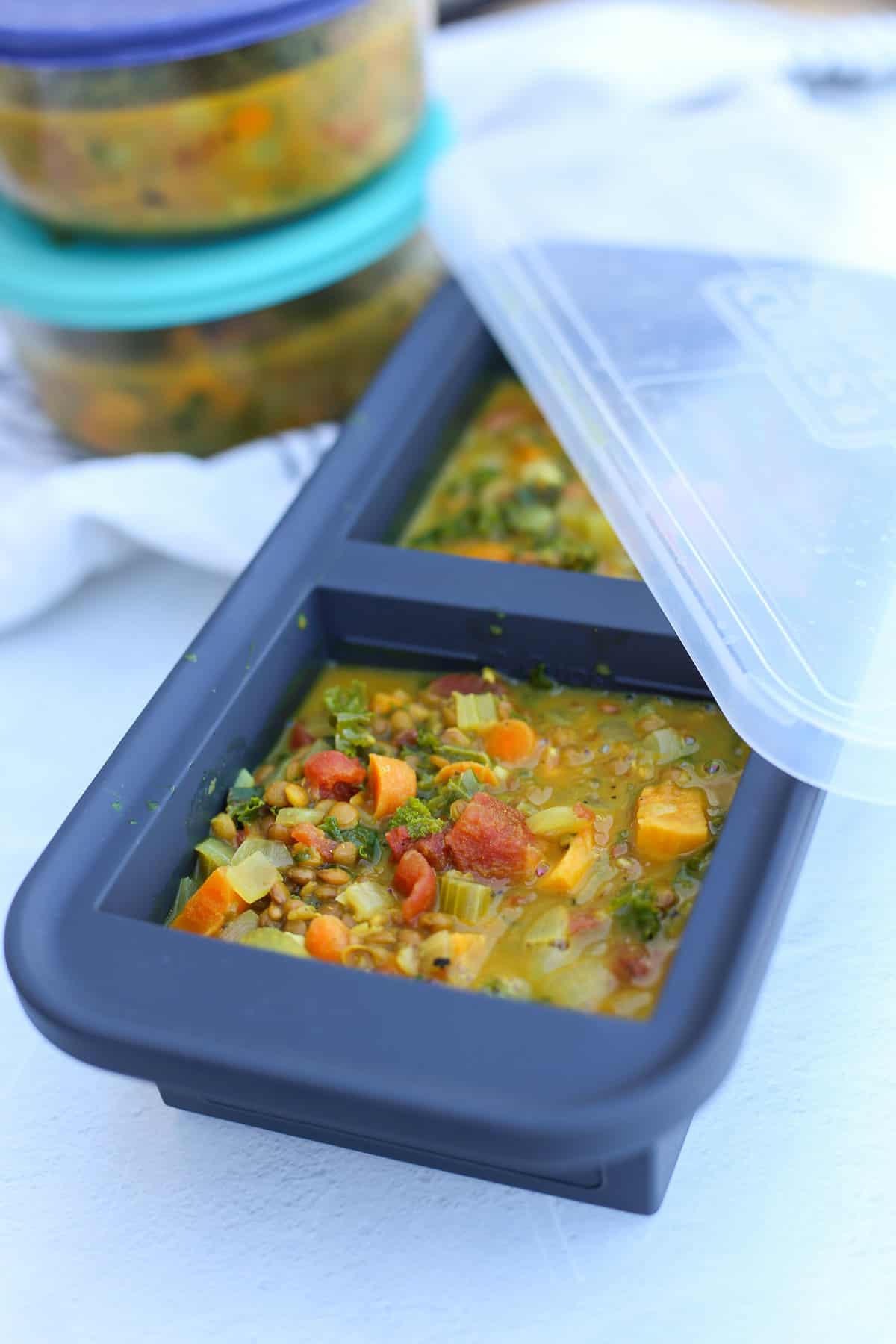 Coconut curry soup in Souper Cubes ready for the freezer.